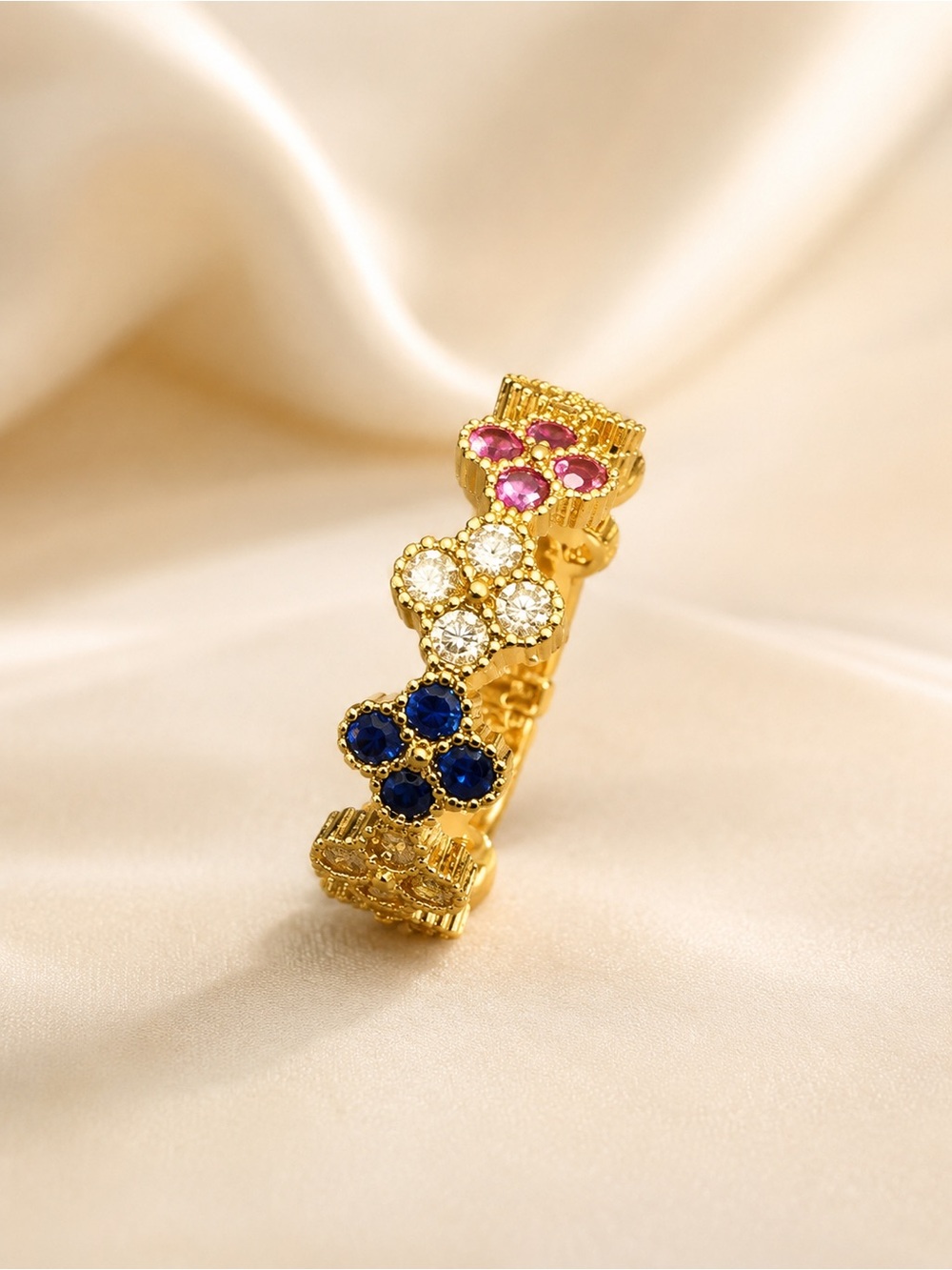 🆕😍Gold Ring with Blue, Pink and Clear CZ Clover Eternity Bamd